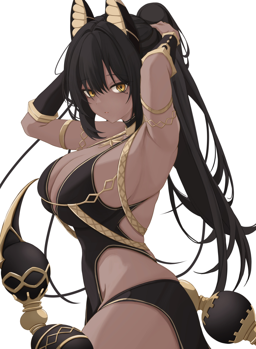 1girl absurdres animal_ears armlet armpits arms_up artrobatic bare_shoulders black_choker black_dress black_hair bracelet breasts choker cleavage clothing_cutout commentary commission cowboy_shot dark-skinned_female dark_skin dress english_commentary from_side highres jewelry large_breasts long_hair looking_at_viewer mole mole_under_eye original parted_lips ponytail scorpion_tail side_cutout simple_background sleeveless sleeveless_dress solo tail very_long_hair white_background yellow_eyes