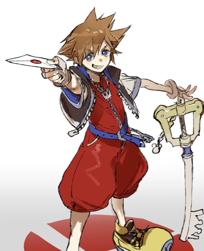 1boy blue_eyes brown_hair card disney fingerless_gloves full_body gloves highres hood jewelry keyblade kingdom_hearts kingdom_hearts_i male_focus meameeea necklace nintendo shoes short_hair smash_invitation smile solo sora_(kingdom_hearts) spiked_hair square_enix super_smash_bros.