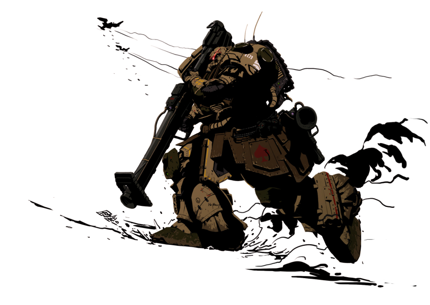 art_study bazooka_(gundam) cable damaged desert_zaku dopp dust_cloud gundam highres machinery mecha mecha_focus mobile_suit mobile_suit_gundam no_humans one-eyed original radio_antenna red_ace redesign robot roundel science_fiction signature traditional_media zaku_ii zaku_ii_f/j zeon