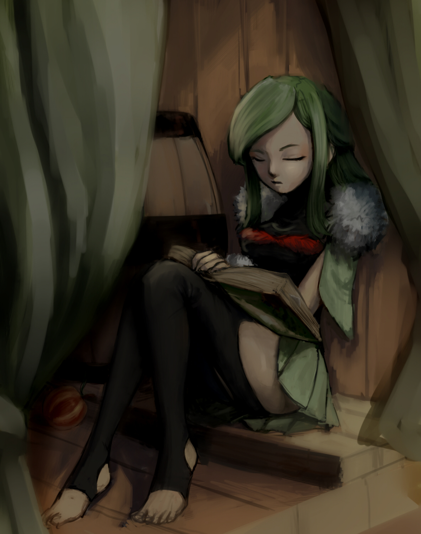 1girl apple bad_id bad_pixiv_id barrel black_legwear book closed_eyes feet female_focus final_fantasy final_fantasy_crystal_chronicles food fruit fur_trim green_hair highres long_hair selkie shark_eyes_selkie_(female) sitting solo toeless_legwear toes