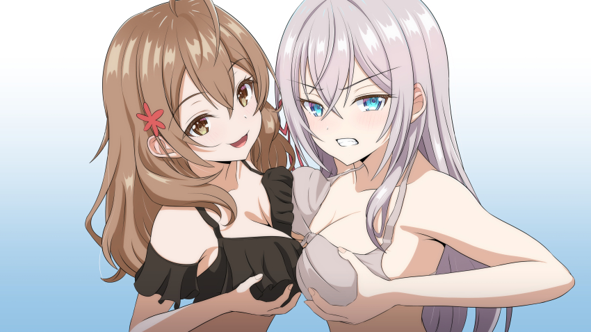 2girls alisa_mikhailovna_kujou annoyed asymmetrical_docking bikini black_bikini blue_background blue_eyes breast_press breasts brown_eyes brown_hair clenched_teeth collarbone dot_nose embarrassed eyebrows eyelashes female_focus from_above from_side grabbing_own_breast gradient_background grey_bikini grey_hair large_breasts light_blush long_hair mariya_mikhailovna_kujou matching_hair/eyes multiple_girls naughty_face off-shoulder_bikini off_shoulder open_mouth pov siblings simple_background sisters smile swimsuit takuru teeth tokidoki_bosotto_roshia-go_de_dereru_tonari_no_alya-san two-tone_background upper_body variant_set white_background