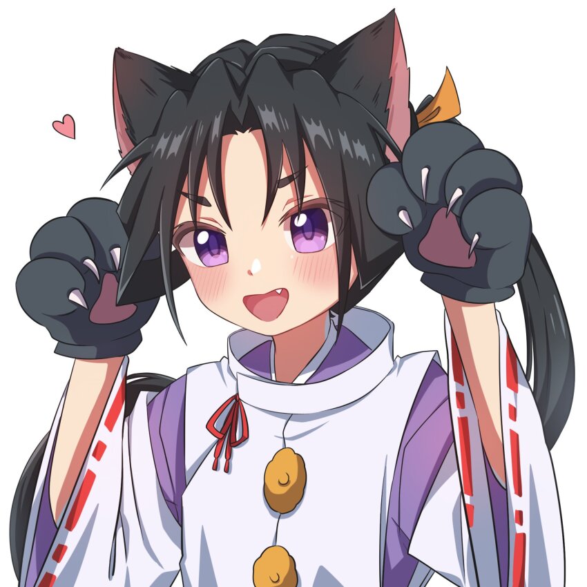 1boy :d animal_ears animal_hands black_hair blush bow cat_ears cat_paws chestnut_mouth fang floating_hair gloves hands_up heart highres houjou_tokiyuki_(nige_jouzu_no_wakagimi) japanese_clothes kariginu long_hair long_sleeves looking_at_viewer male_focus motoyui nige_jouzu_no_wakagimi open_mouth parted_bangs paw_gloves ponytail purple_eyes rame_angel71 red_bow ribbon-trimmed_sleeves ribbon_trim sidelocks_tied_back simple_background smile solo upper_body v-shaped_eyebrows very_long_hair white_background wide_sleeves