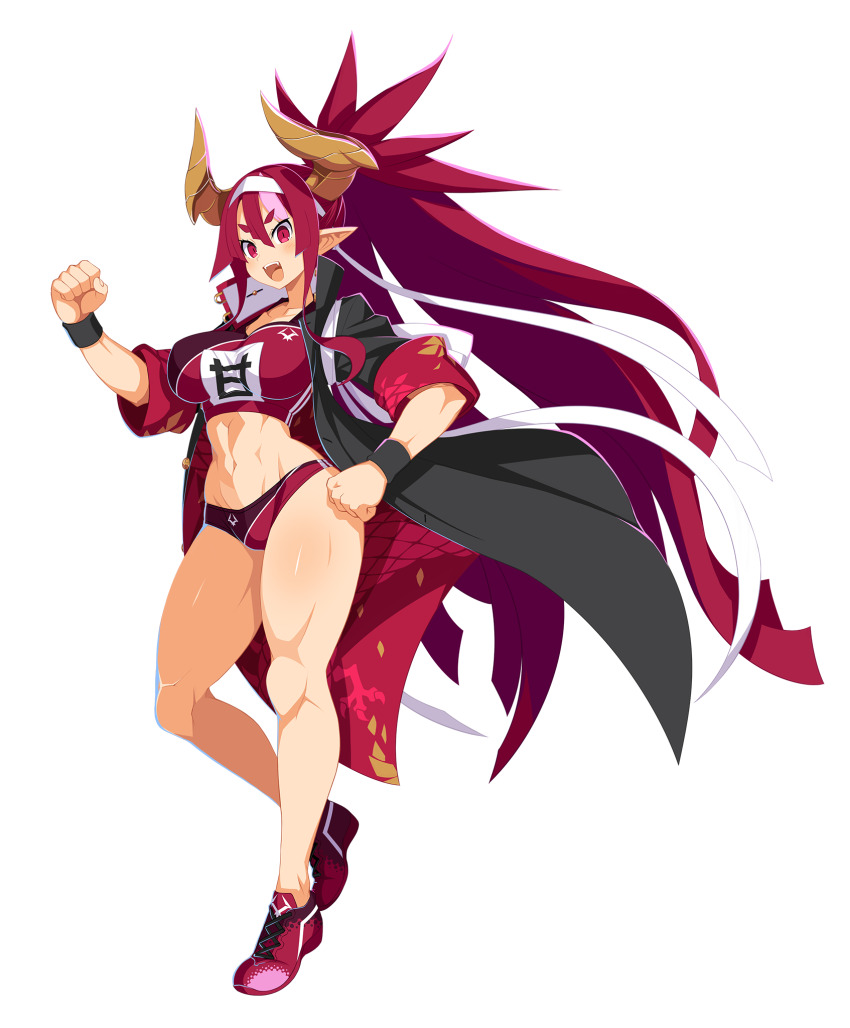 1girl breasts clenched_hand coat demon_girl demon_horns disgaea disgaea_rpg dragon_print fang full_body harada_takehito headband higan_zesshousai highres horns large_breasts long_hair makai_senki_disgaea_7 multicolored_hair muscular muscular_female navel non-web_source open_clothes open_coat photoshop_(medium) pink_hair pointy_ears ponytail red_eyes red_hair shoes slit_pupils sneakers solo teeth track_suit transparent_background two-tone_hair upper_teeth_only very_long_hair wristband