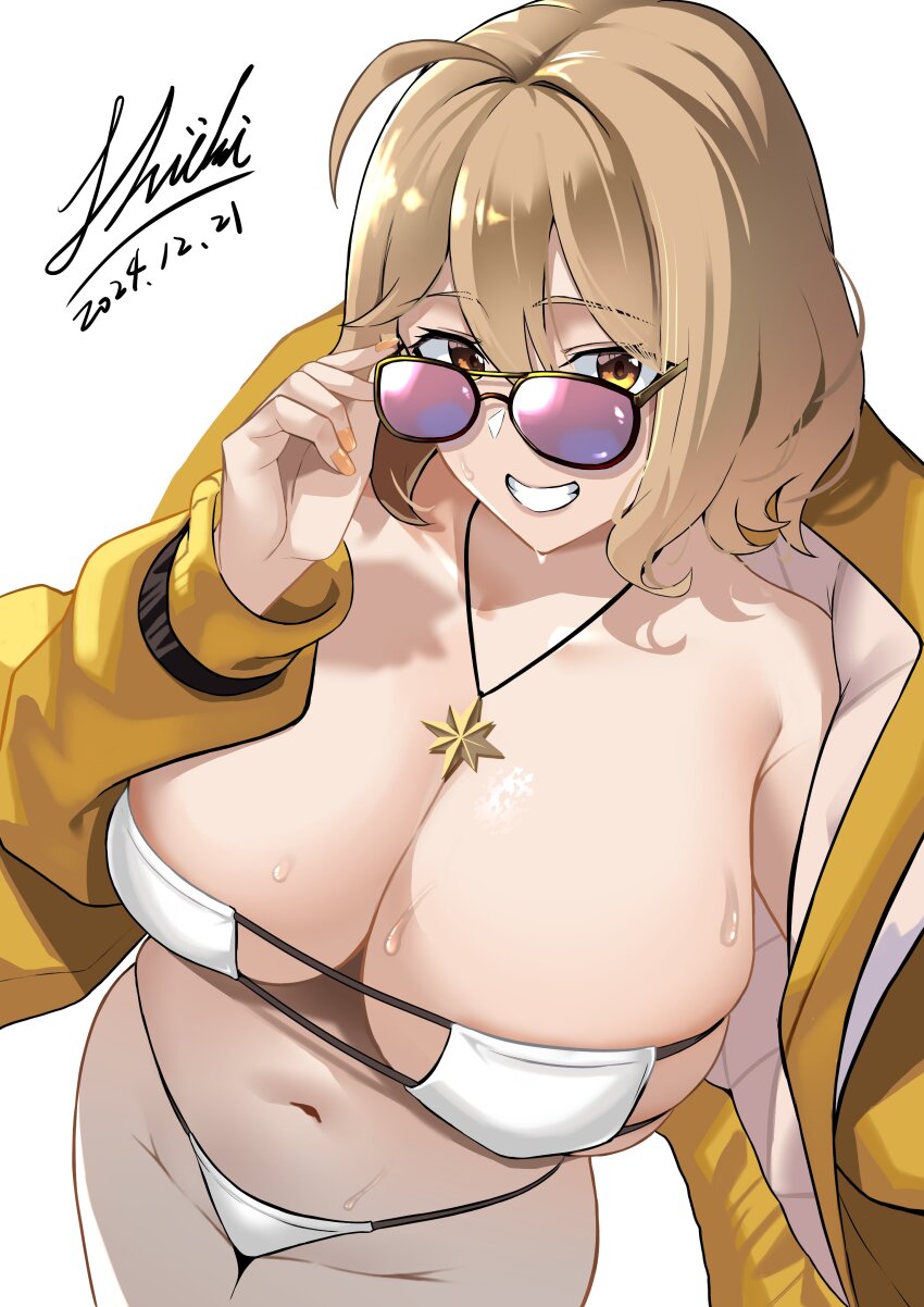 1girl absurdres ahoge anis_(nikke) anis_(sparkling_summer)_(nikke) aviator_sunglasses bare_shoulders bikini breasts brown_hair cleavage collarbone eyepatch_bikini goddess_of_victory:_nikke grin highres jacket jewelry large_breasts long_sleeves looking_at_viewer navel necklace pink-tinted_eyewear shiki_(love-saber) smile solo star_(symbol) star_necklace sunglasses swimsuit tinted_eyewear white_bikini yellow_eyes yellow_jacket