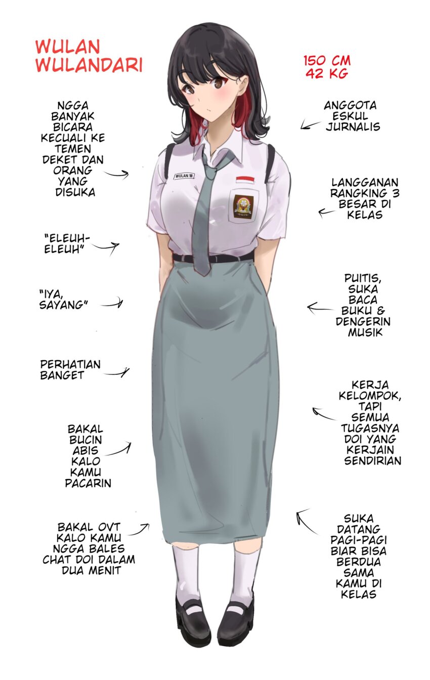 1girl arrow_(symbol) arumanis_9 black_footwear black_hair breasts brown_eyes character_name character_profile closed_mouth collared_shirt colored_inner_hair commentary_request full_body grey_necktie grey_skirt highres indonesian_commentary indonesian_flag indonesian_high_school_uniform indonesian_text large_breasts long_skirt looking_at_viewer mary_janes medium_hair multicolored_hair necktie original red_hair school_uniform shirt shoes short_sleeves simple_background skirt socks solo standing swept_bangs translation_request white_background white_shirt white_socks