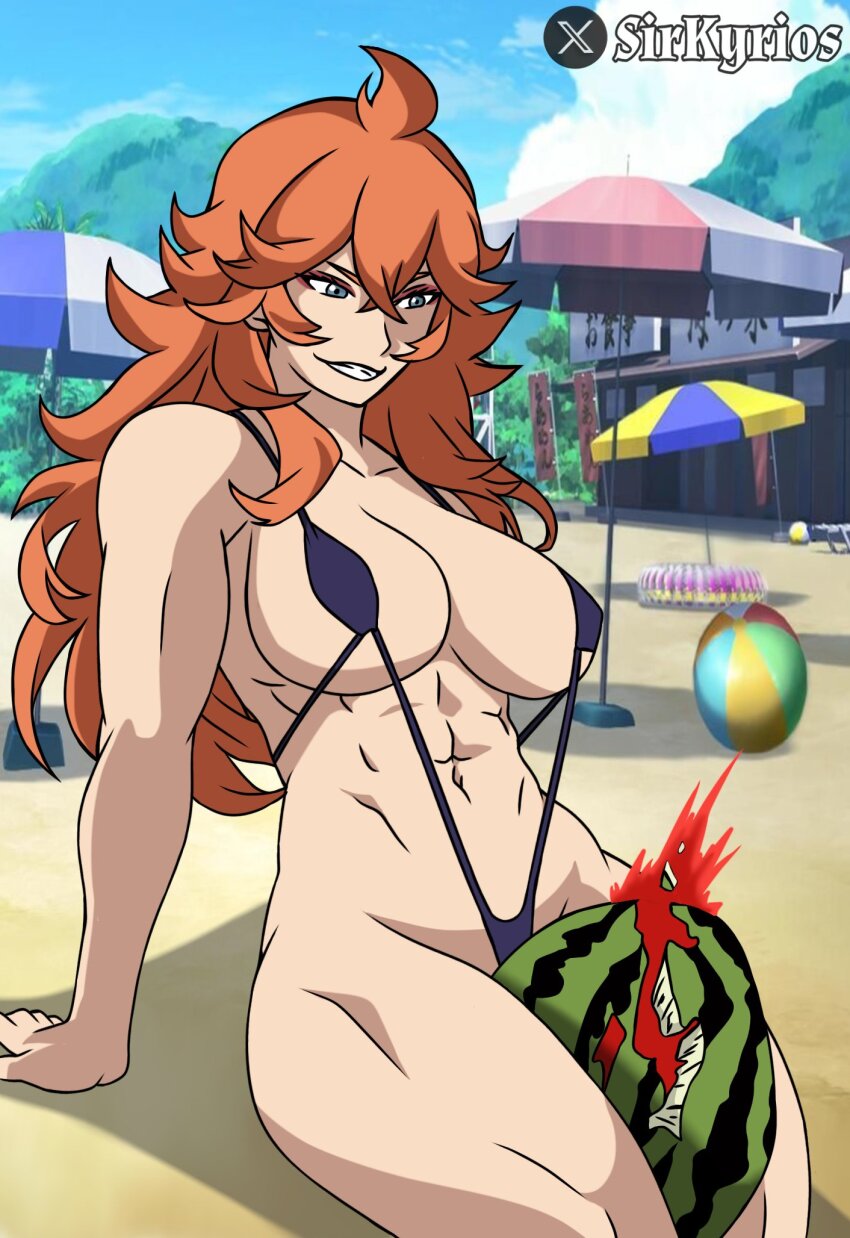 1girl abs bad_tag big_breasts bikini black_clover blue_eyes breasts crushing food fruit highres mereoleona_vermillion multiple_girls muscular red_hair sirkyrios swimsuit thick_thighs thighs watermelon