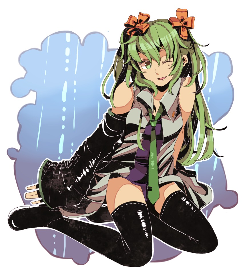 1girl azya bad_id bad_pixiv_id bow detached_sleeves female_focus full_body gradient_background green_eyes green_hair hair_bow hatsune_miku highres long_hair matching_hair/eyes necktie one_eye_closed smile solo thighhighs twintails very_long_hair vocaloid white_background wink zettai_ryouiki