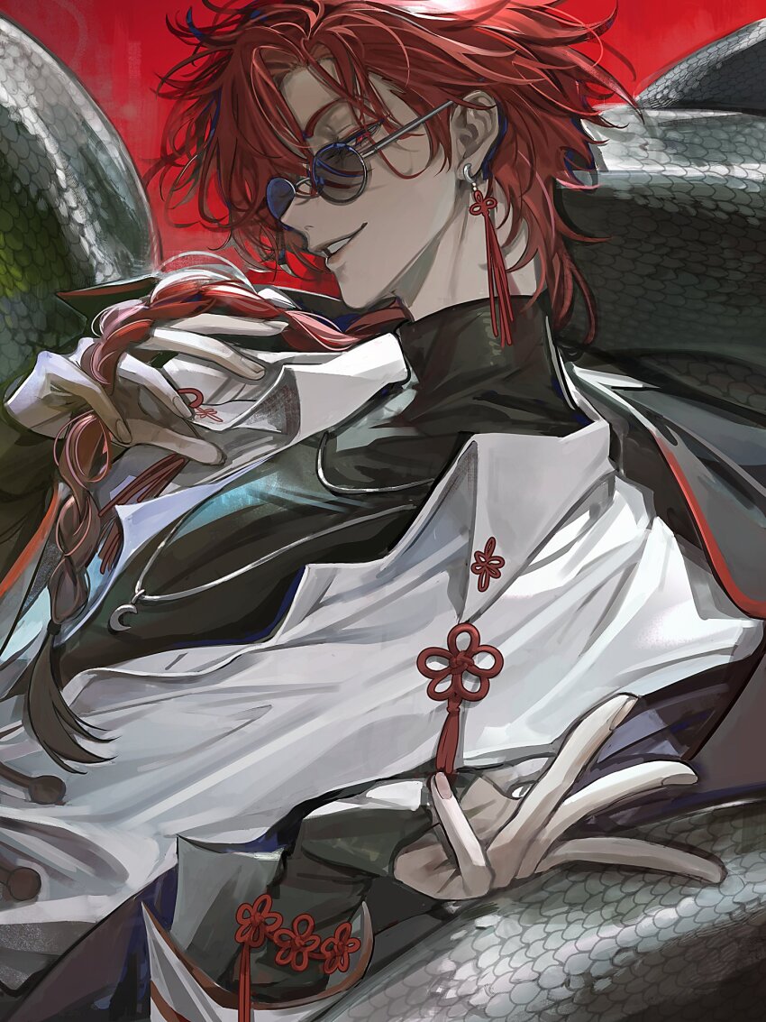 1boy 319potatooo animal bishounen black_jacket black_sweater braid earrings from_side giant_snake hair_between_eyes hand_in_own_hair highres jacket jewelry long_sleeves looking_at_viewer male_focus necklace on_animal open_clothes open_jacket oversized_animal red_background red_eyes red_hair round_eyewear shiguang_dailiren shirt single_braid smirk snake solo sweater tassel tassel_earrings turtleneck turtleneck_sweater white_shirt xiao_weiying