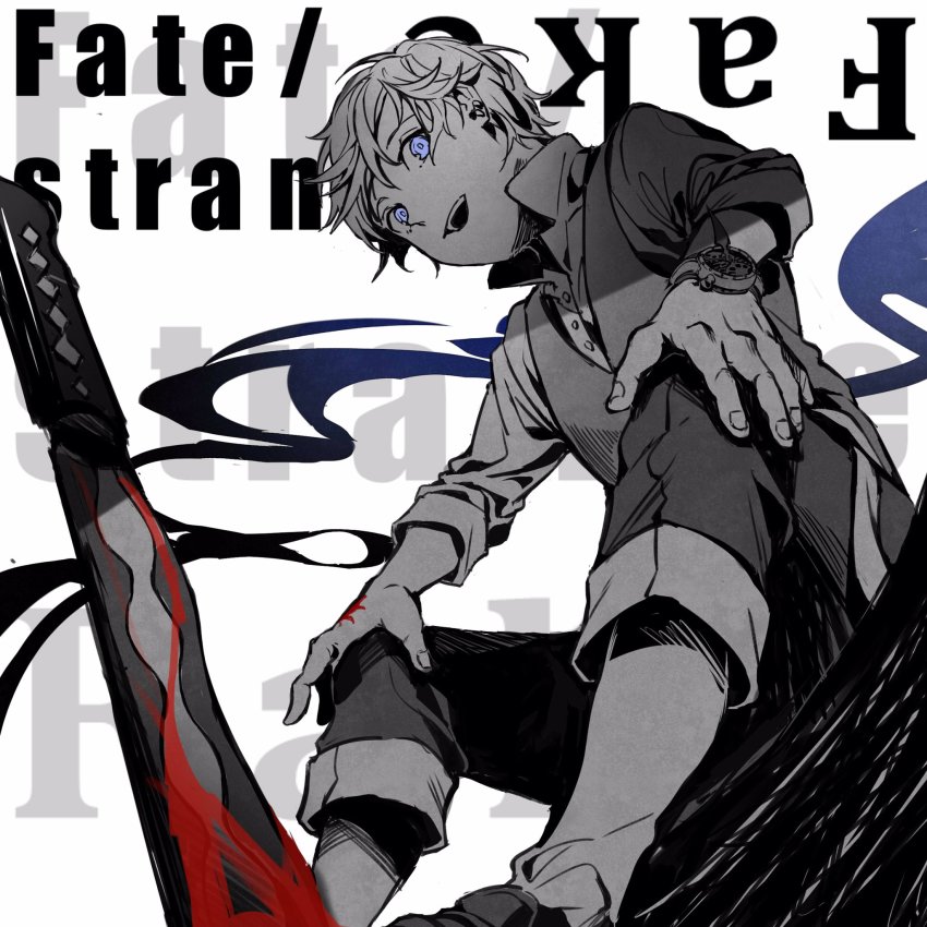 1boy blood bloody_knife bloody_weapon blue_eyes capri_pants copyright_name fate/strange_fake fate_(series) flat_escardos high_contrast highres jack_the_ripper_(berserker)_(fate) knife male_focus pants redoxhn sitting smoke spot_color vest watch weapon wristwatch