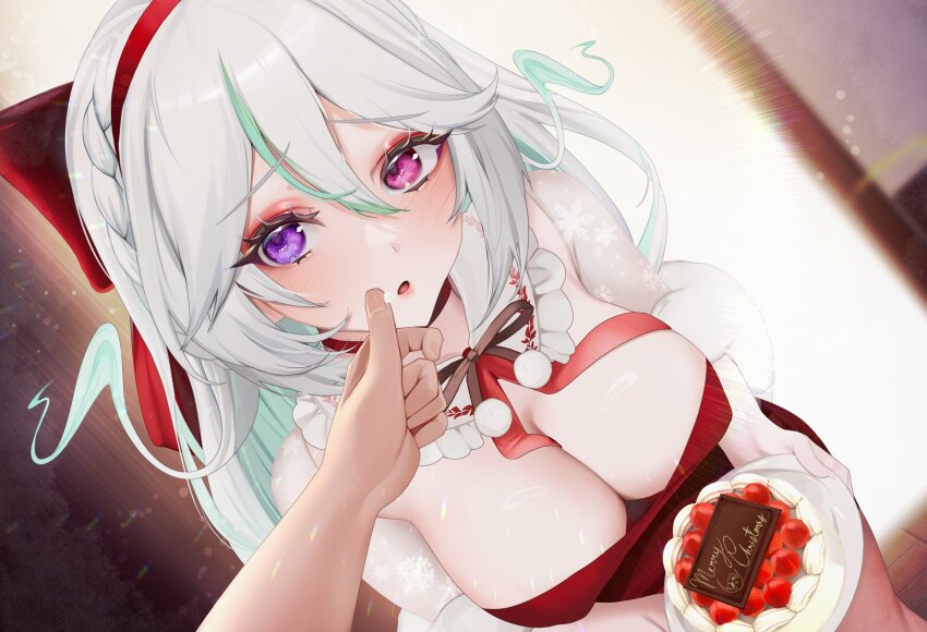 1girl absurdres alias_anono bow braid breasts cake cleavage colored_inner_hair eyelashes food green_hair grey_hair hair_between_eyes hair_bow heterochromia highres large_breasts long_hair merry_christmas multicolored_hair pink_eyes pom_pom_(clothes) purple_eyes red_bow red_ribbon ribbon sae_illust streaked_hair v4mirai virtual_youtuber