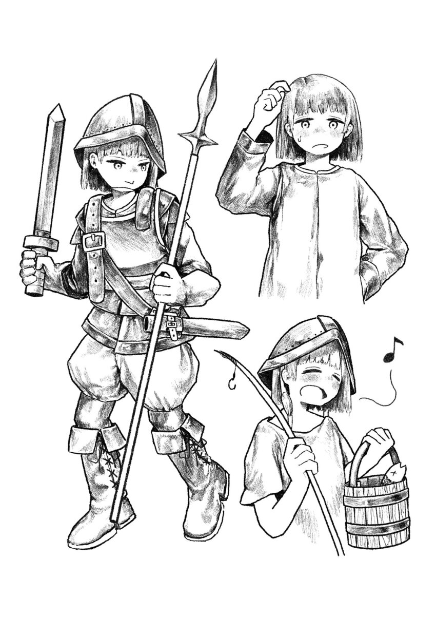 1other ambiguous_gender belt blush boots bucket fish fishing_rod greyscale helmet highres holding holding_fishing_rod holding_sword holding_weapon kilsturgeon medium_hair monochrome musical_note open_mouth original polearm pout scabbard scratching_head sheath shirt simple_background spear sword weapon white_background