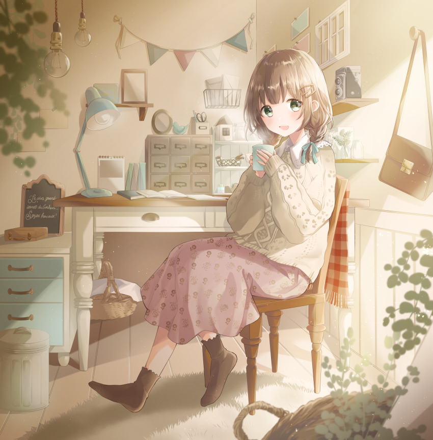 1girl ankle_socks arms_up bag basket blurry blurry_foreground blush braid brown_socks brown_sweater cabinet camera ceiling_light chair chalkboard coffee_mug commentary_request cup desk desk_lamp envelope floral_print french_text green_eyes hair_ornament hair_ribbon hairclip handbag highres holding holding_cup hoshiibara_mato indoors jar lamp light_brown_hair light_bulb long_sleeves looking_at_viewer mug open_mouth original picture_frame pink_skirt plant ribbon rug scissors shelf shirt short_hair sitting skirt sleeves_past_wrists socks solo streamers sweater table trash_can twin-lens_reflex_camera twin_braids white_shirt wooden_floor