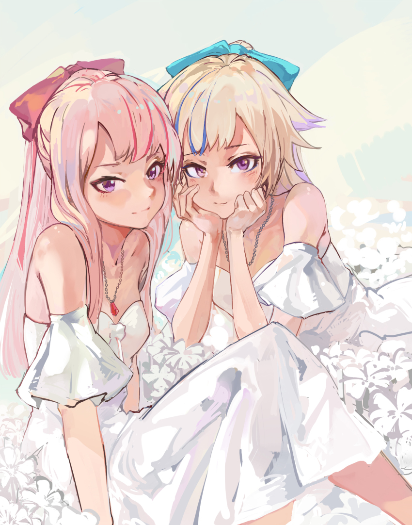 2girls alternate_costume bad_id bad_pixiv_id bare_shoulders blonde_hair blue_ribbon blush breasts closed_mouth collarbone commentary dress flower hair_ribbon highres himehina_channel jewelry looking_at_viewer multicolored_hair multiple_girls necklace pink_hair pink_ribbon ponytail purple_eyes ribbon sidelocks sitting small_breasts smile streaked_hair sundress suzuki_hina tanaka_hime virtual_youtuber white_dress z.boat