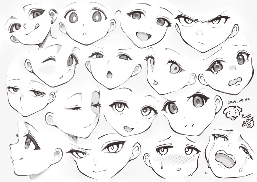 absurdres blush closed_eyes commentary_request crying dated multiple_expressions frown greyscale half-closed_eyes highres kotomaru_428 monochrome one_eye_closed open_mouth original pout raised_eyebrow raised_eyebrows signature smile streaming_tears sweat tearing_up tears tongue tongue_out v-shaped_eyebrows