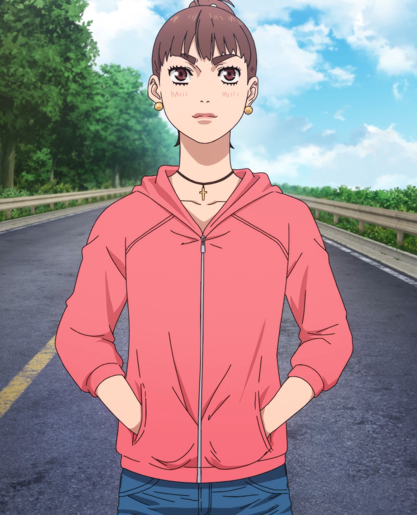 anime_screenshot breasts brown_eyes brown_hair catching closed_mouth earrings hands_in_pockets hood hoodie jacket jewelry kitahara_nozomi long_hair long_sleeves medium_breasts mf_ghost navel necklace ponytail red_hoodie shirt short_shorts shorts standing stitched third-party_edit