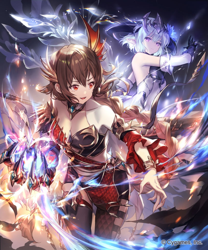 2girls bare_shoulders black_dress black_gloves blue_flower blue_hair braid braided_ponytail breasts brown_hair claws cleavage closed_mouth collarbone commentary_request company_name detached_sleeves dragon_girl dragon_horns dragon_tail dress filene_(shadowverse) flower galmieux_(shadowverse) gloves hair_between_eyes hair_flower hair_ornament headpiece highres horns large_breasts leaning_forward lee_hyeseung long_hair looking_at_another looking_back magic medium_breasts multicolored_clothes multicolored_dress multiple_girls official_art parted_lips pointy_ears purple_eyes red_dress red_eyes shadowverse short_hair standing tail teeth thighhighs upper_teeth_only very_long_hair white_dress