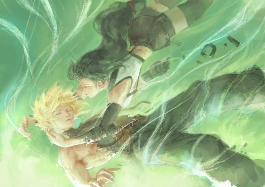 1boy 1girl baggy_pants bare_shoulders bike_shorts_under_skirt black_gloves black_hair black_skirt black_thighhighs blonde_hair breasts closed_eyes closed_mouth cloud_strife commentary crop_top dissolving earrings elbow_gloves english_commentary falling feet_out_of_frame final_fantasy final_fantasy_vii final_fantasy_vii_rebirth final_fantasy_vii_remake gloves imminent_hug jewelry large_breasts lifestream light_particles long_hair looking_at_another low-tied_long_hair miniskirt outstretched_arms pants pectorals short_hair single_bare_arm single_earring single_glove skirt sleeveless sleeveless_turtleneck spiked_hair suspender_skirt suspenders sweater tank_top thighhighs tifa_lockhart torn_clothes turtleneck turtleneck_sweater twitter_username white_tank_top zoewingsz