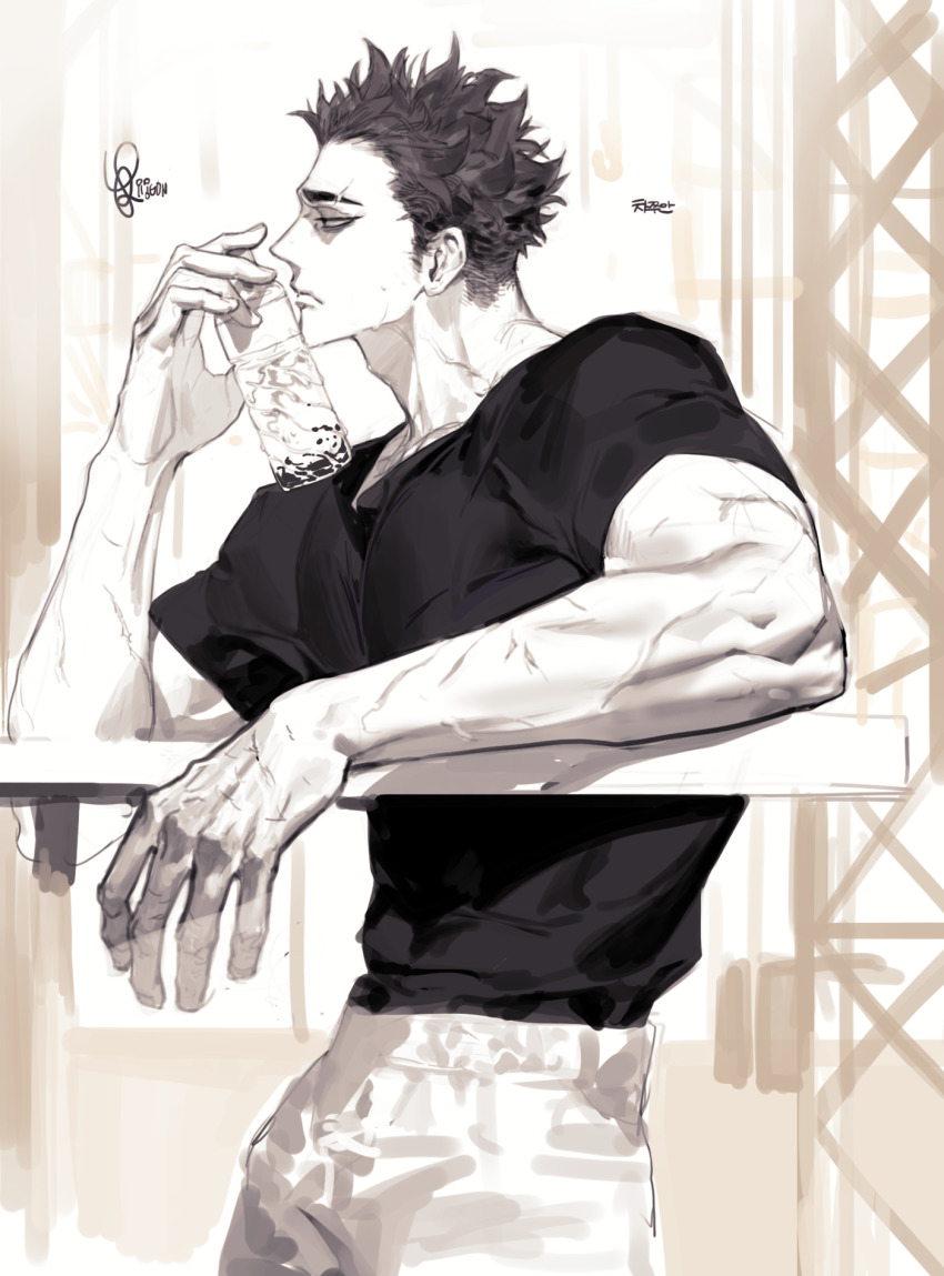 1boy bara biceps bottle closed_mouth copyright_request from_side greyscale hand_up highres holding male_focus monochrome muscular muscular_male pigeon666 profile sanpaku shirt short_hair signature solo veins water_bottle