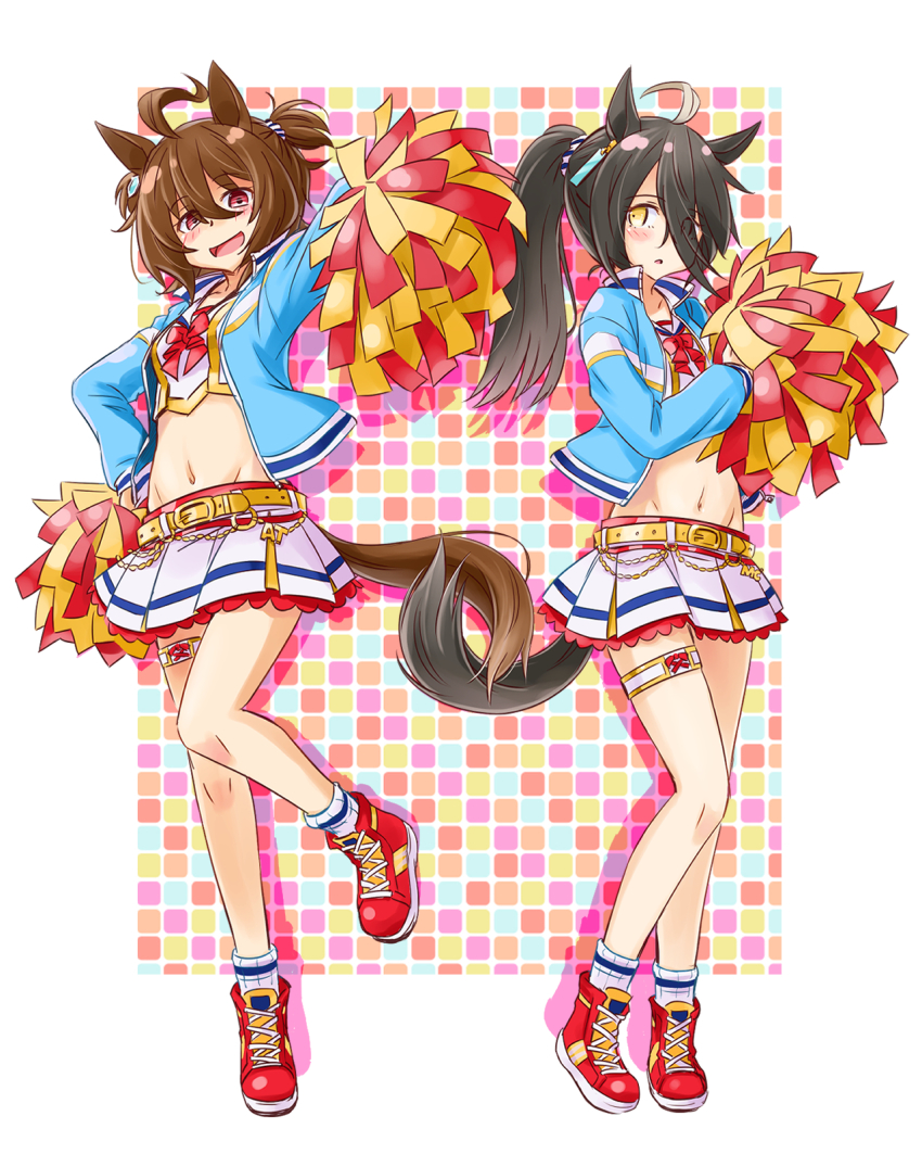 2girls agnes_tachyon_(umamusume) ahoge animal_ears black_hair blue_jacket boots bow bowtie breasts brown_hair cheerleader cosplay crop_top full_body groin hair_between_eyes hand_up highres holding holding_pom_poms horse_ears horse_girl horse_tail jacket layered_skirt long_hair long_sleeves looking_at_another looking_at_viewer manhattan_cafe_(umamusume) medium_hair midriff miniskirt multicolored_hair multiple_girls navel nice_nature_(run&amp;win)_(umamusume) nice_nature_(umamusume) nice_nature_(umamusume)_(cosplay) open_mouth pom_pom_(cheerleading) pom_poms ponytail punto red_bow red_bowtie red_eyes red_footwear shirt skirt small_breasts smile socks standing streaked_hair tail umamusume white_shirt yellow_eyes