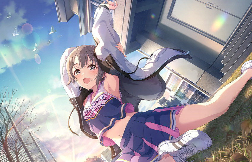 1girl bird building cheerleader cloud fence game_cg grass grey_eyes grey_hair idolmaster idolmaster_cinderella_girls idolmaster_cinderella_girls_starlight_stage jacket navel official_art open_mouth otokura_yuuki skirt solo stairs stretching sunlight tree window zipper_pull_tab