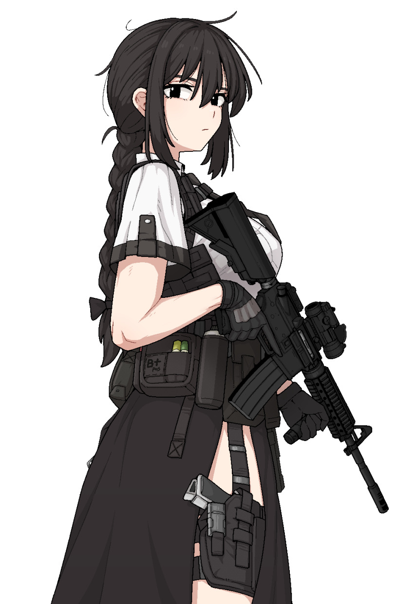 1girl absurdres acog ahoge ammunition_pouch assault_rifle black_dress black_eyes black_hair braid braided_ponytail breasts cowboy_shot dress formicid gun handgun highres holding holding_gun holding_weapon holster jaggy_lines long_braid long_hair looking_at_viewer m1911 m4_carbine original pouch rifle sidelocks single_braid solo tactical_clothes thigh_holster thigh_strap trigger_discipline vertical_foregrip weapon weapon_request