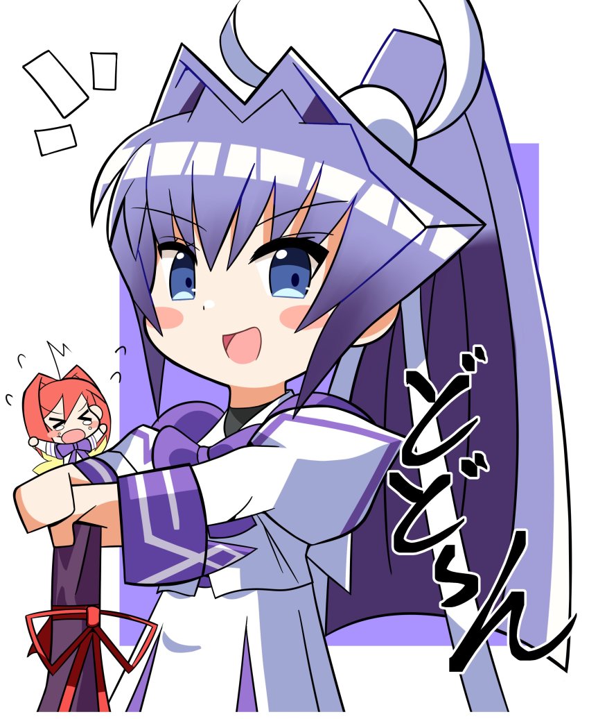 &gt;_&lt; 2girls absurdres ahoge annoyed blue_hair blush bow chibi hair_intakes hakuryou_high_school_uniform hand_on_hilt highres juliet_sleeves kagami_sumika long_sleeves mitsurugi_meiya multiple_girls muv-luv mu~se open_mouth ponytail puffy_sleeves purple_bow red_hair school_uniform skirt smile v-shaped_eyebrows white_skirt