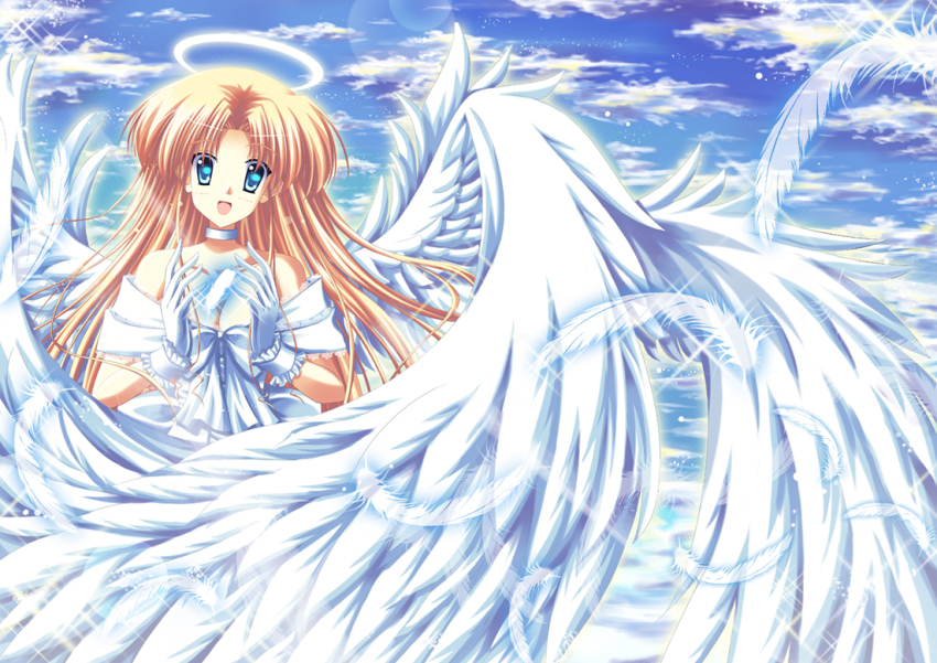 00s 1girl angel bad_id bad_pixiv_id blonde_hair blue_eyes cloud day ef_(visual_novel) feathers female_focus gloves halo hayama_mizuki long_hair sky solo traditional_halo vashaps2 wings