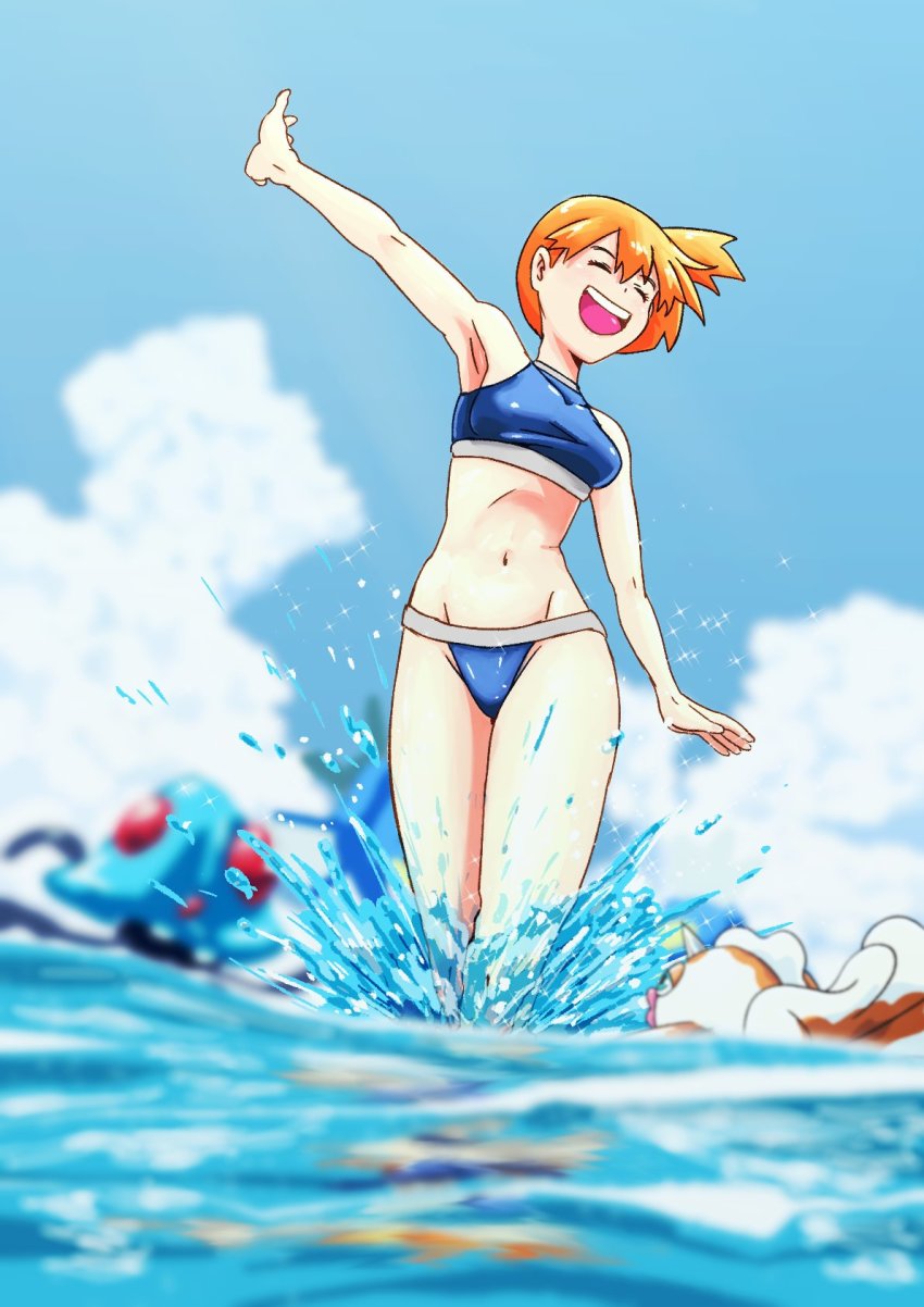 1girl armpits atmosk bare_arms bare_shoulders bikini blue_bikini blue_sky breasts cleavage closed_eyes cloud creatures_(company) day game_freak gen_1_pokemon goldeen grin hair_tie highres light_blush looking_at_viewer medium_breasts misty_(pokemon) nintendo ocean orange_hair outdoors partially_submerged pokemon pokemon_(creature) pokemon_rgby ponytail purple_eyes short_hair sky smile swimsuit tentacruel water wet