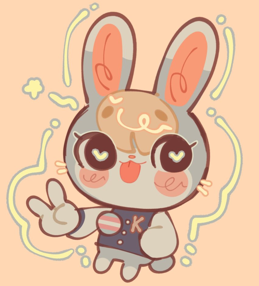 1boy animal_crossing animal_ears blonde_hair blue_jacket blush chibi full_body furry furry_male highres jacket jammy_(bunbunbewwii) looking_at_viewer male_focus nintendo open_mouth rabbit_boy rabbit_ears rabbit_tail sasha_(animal_crossing) shirt smile solo tail v