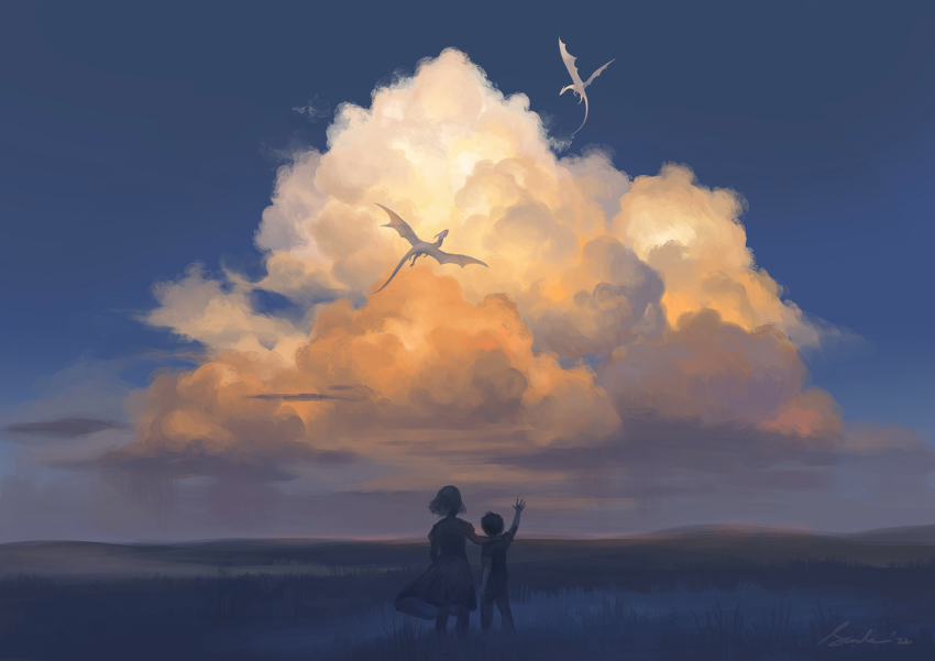 1boy 1girl arm_up artist_name blue_sky cloud dragon dress fantasy field flying grey_dress highres horizon orange_clouds original outdoors sandara scenery short_hair signature sky standing western_dragon wide_shot