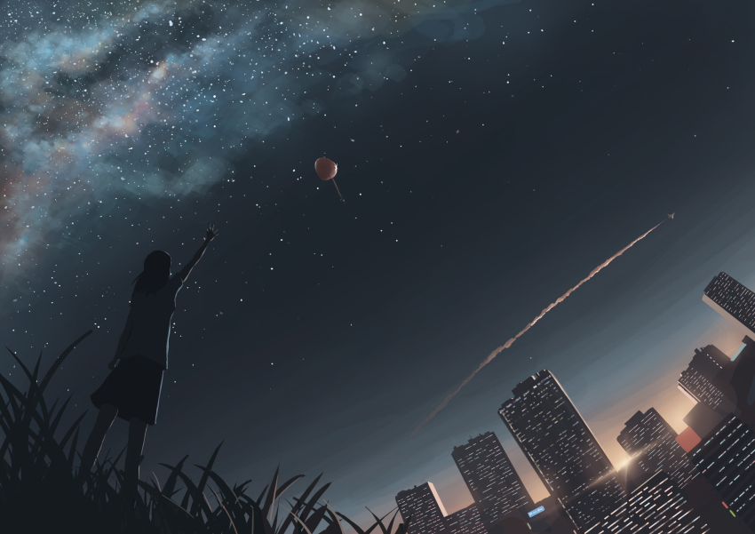 1girl balloon building hand_up highres horizon looking_up milky_way night okayuu original scenery skirt sky standing star_(sky) sunset