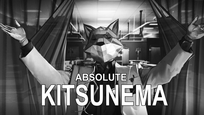 1girl absolute_cinema_(meme) absurdres bed black_shirt coat curtains dress_shirt english_text fox_girl fox_mask gloves hands_up highres hololive hololive_grand_theft_auto hospital_bed hyde_(tabakko) id_card indoors lapels leon_the_professional long_sleeves mask meme monochrome open_clothes open_coat outstretched_arms pen scene_reference shirakami_fubuki shirt solo spread_arms stethoscope upper_body virtual_youtuber white_coat white_gloves wing_collar