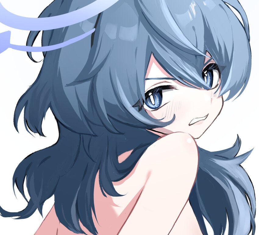 1girl ako_(blue_archive) bare_back bare_shoulders blue_archive blue_eyes blue_hair blue_halo blush bright_pupils commentary_request eyes_visible_through_hair glaring hair_between_eyes halo highres long_hair portrait sigma_zan simple_background solo white_background white_pupils