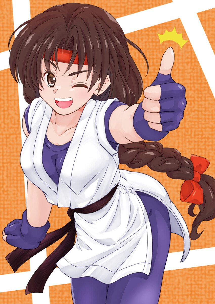 1girl bent_over braid braided_ponytail brown_eyes brown_hair curvy dougi female_focus gloves headband karate_gi leggings long_hair one_eye_closed open_mouth pale_skin pants ponytail skirt smile smiley_face soumanantoka standing the_king_of_fighters thighs thumbs_up wide_hips wink yoga_pants yuri_sakazaki