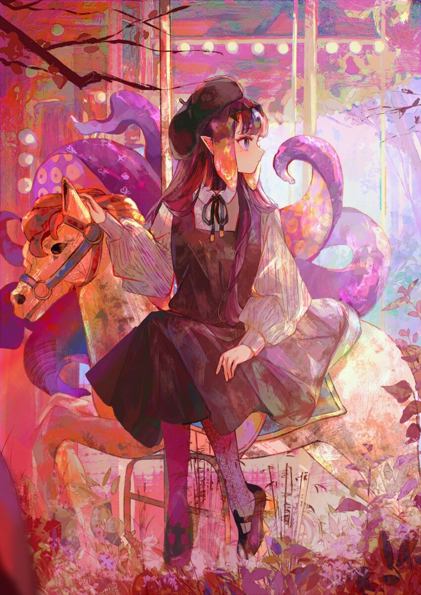 1girl beret black_dress black_footwear black_hat black_ribbon blue_eyes blunt_bangs carousel collared_shirt dress facing_to_the_side gradient_hair grey_shirt hashtag-only_commentary hat highres hololive hololive_english jamu_(yakinikuoi4) long_hair long_sleeves mary_janes medium_dress mole mole_under_eye multicolored_hair neck_ribbon ninomae_ina&#039;nis ninomae_ina&#039;nis_(casual) official_alternate_costume orange_hair pinafore_dress platform_footwear pointy_ears puffy_long_sleeves puffy_sleeves purple_hair ribbon shirt shoes sidelocks sitting sleeveless sleeveless_dress solo tentacle_hair tentacles very_long_hair virtual_youtuber