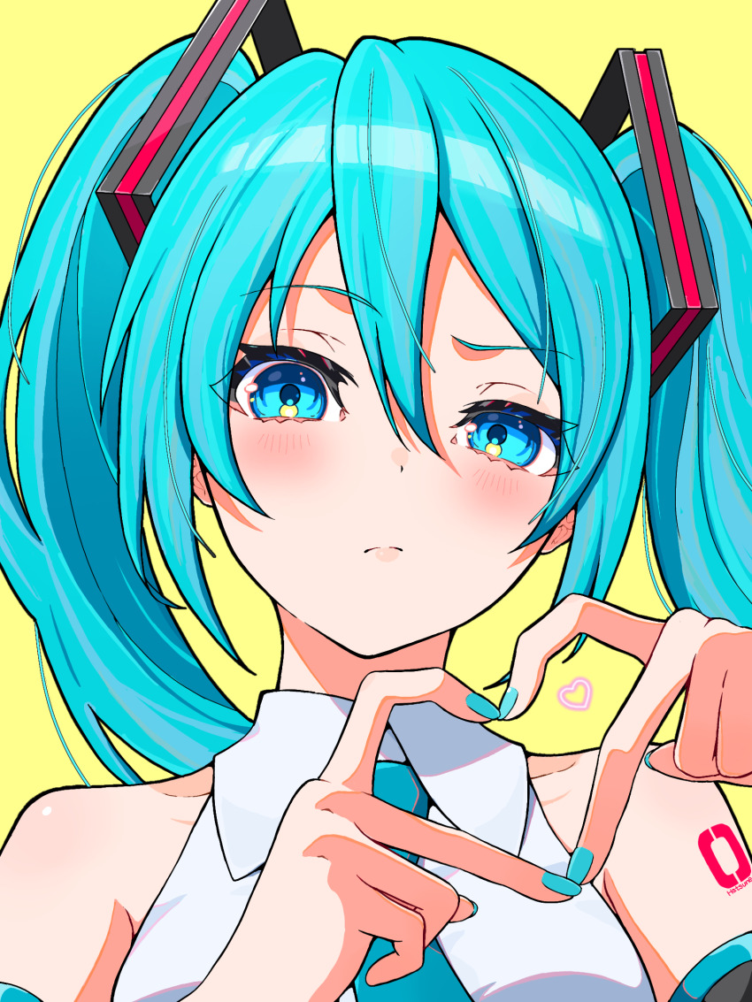 1girl aqua_eyes aqua_hair aqua_nails aqua_necktie black_sleeves blush breasts collared_shirt commentary_request confused double-parted_bangs frown hatsune_miku hatsune_miku_(vocaloid3) head_tilt heart heart_hands highres looking_at_viewer medium_breasts necktie number_tattoo portrait raised_eyebrow shirt shoulder_tattoo simple_background sleeveless sleeveless_shirt solo tattoo twintails uzuki_sena vocaloid white_shirt yellow_background