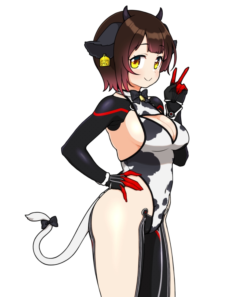 1girl alternate_costume animal_ears animal_print black_bow black_bowtie blush bow bowtie breasts brown_hair cleavage cleavage_cutout closed_mouth clothing_cutout commentary covered_navel cow_ears cow_horns cow_print cow_tail cowboy_shot ear_tag fake_animal_ears fake_horns fake_tail from_side gradient_hair hand_on_own_hip highres hololive horns leotard looking_at_viewer mechanical_arms mechabare medium_breasts multicolored_hair okunin print_leotard red_hair roboco-san short_hair sideboob simple_background smile solo standing tail two-tone_hair v virtual_youtuber white_background yellow_eyes