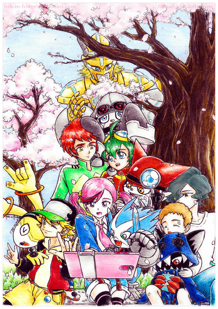 appmon asuka_torajirou bootmon digimon digimon_universe:_appli_monsters dokamon gatchmon hackmon_(appmon) highres karan_eri katsura_hajime katsura_rei musimon offmon ozora_yujin shinkai_haru