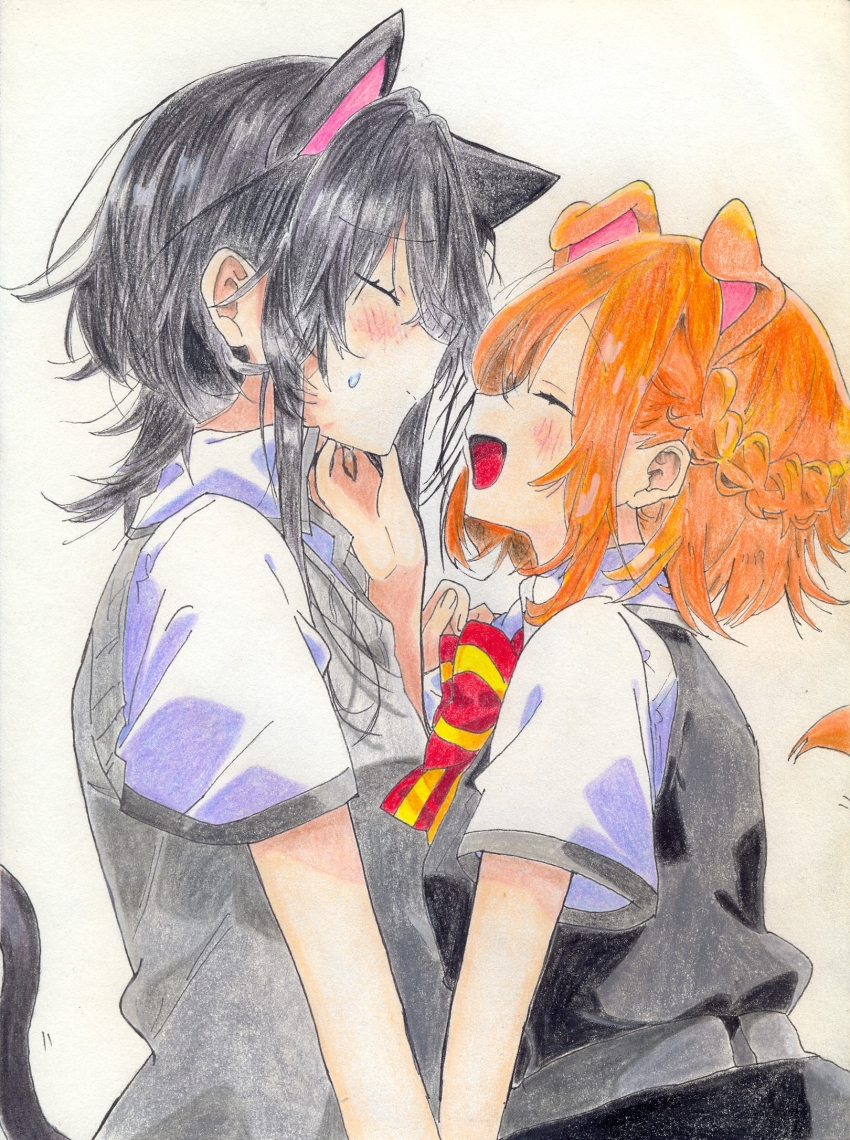 2girls animal_ears asanagi_yori black_dress black_hair blush bow bowtie cat_ears cat_girl cat_tail closed_eyes closed_mouth collared_shirt colored_pencil_(medium) commentary dog_ears dog_girl dog_tail dress facing_another grey_sweater_vest half_up_braid hashtag-only_commentary highres kemonomimi_mode kino_himari long_hair multiple_girls open_mouth orange_hair pinafore_dress red_bow red_bowtie ritsu_tainaka_(ricchan10) sasayaku_you_ni_koi_wo_utau scan school_uniform scratching_chin shirt short_hair short_sleeves sidelocks sleeveless sleeveless_dress striped_bow striped_bowtie striped_clothes sweater_vest tail traditional_media upper_body white_background white_shirt yuri