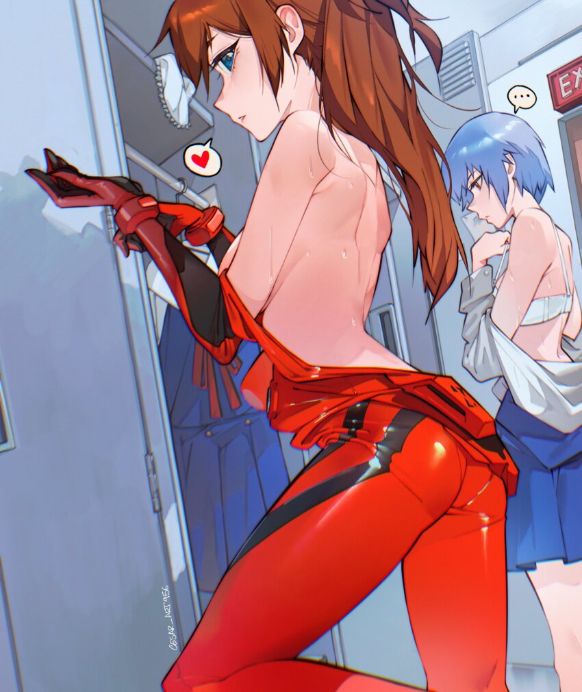 ... 2girls ass ayanami_rei back blue_hair bodysuit bra breasts brown_hair cesar_art456 commentary heart highres locker locker_room looking_at_viewer mecha_pilot_suit multiple_girls neon_genesis_evangelion no_bra parted_lips plugsuit red_bodysuit school_uniform sideboob souryuu_asuka_langley spanish_commentary spoken_ellipsis spoken_heart tokyo-3_middle_school_uniform underwear