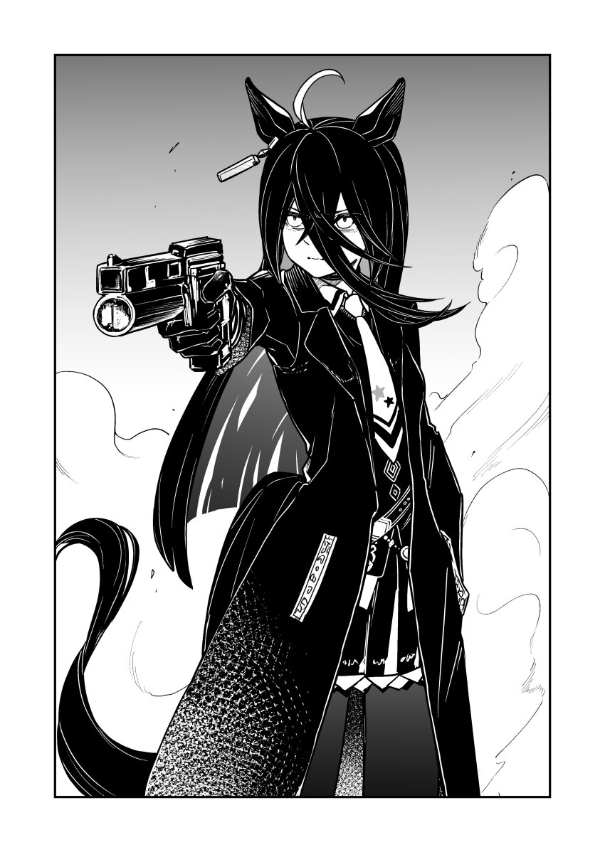 1girl 2024_summer_olympics absurdres ahoge aiming animal_ears belt breasts commentary gloves gun hair_between_eyes hair_ornament handgun headband highres horse_ears kimihitsuji manhattan_cafe_(umamusume) monochrome necktie olympics pose_imitation small_breasts smoke solo umamusume uniform weapon yusuf_dikec