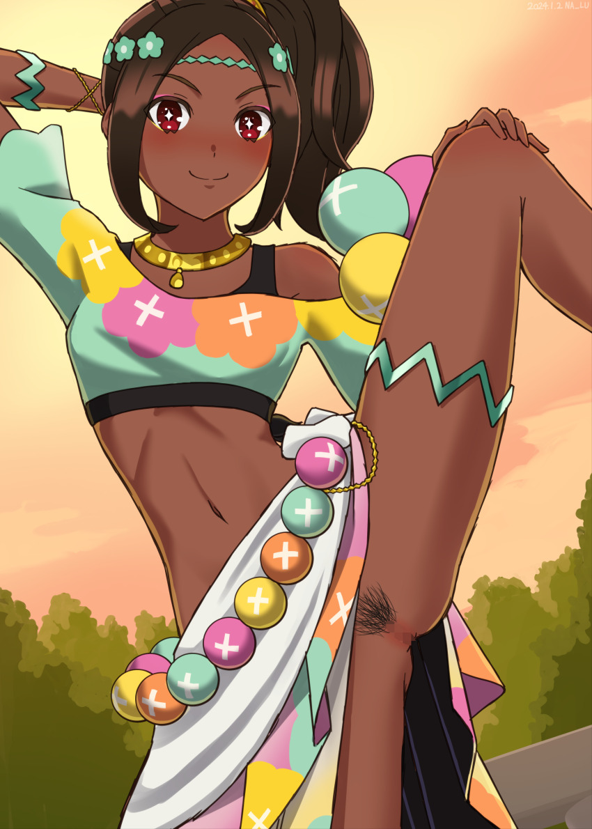 1girl absurdres bracelet breasts brown_hair censored circlet crop_top dark-skinned_female dark_skin eyeshadow female_pubic_hair fire_emblem fire_emblem_engage highres jewelry long_hair looking_at_viewer makeup midriff mosaic_censoring naaru navel nintendo pearl_belt pearl_bracelet pink_eyeshadow pubic_hair shorts small_breasts smile star-shaped_pupils star_(symbol) symbol-shaped_pupils thighlet timerra_(fire_emblem)