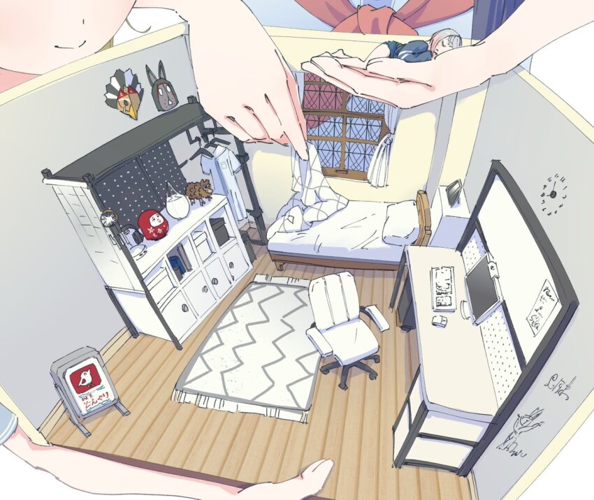 3girls analog_clock bed bedroom black_jacket black_shorts blanket blue_dress blue_hair bob_cut breast_pocket brown_hair carpet chair clock closed_eyes closed_mouth clothes_hanger commentary computer computer_keyboard computer_mouse dark_blue_hair desk dress grey_hair hasu_no_sora_school_uniform head_out_of_frame headphones headphones_removed holding holding_blanket holding_miniperson inverted_bob jacket kachimachi_kosuzu lao_ren_xing link!_like!_love_live! long_hair long_sleeves love_live! lying mask medium_dress mini_person miniature minigirl monitor multicolored_hair multiple_girls murano_sayaka neckerchief office_chair official_alternate_costume on_side pillow pocket puffy_short_sleeves puffy_sleeves red_hair red_neckerchief sailor_collar sailor_dress school_uniform short_hair short_sleeves shorts side_ahoge sleeping smile split_mouth streaked_hair summer_uniform swivel_chair translation_request unworn_dress unworn_headphones virtual_youtuber white_sailor_collar window writing_on_wall yugiri_tsuzuri