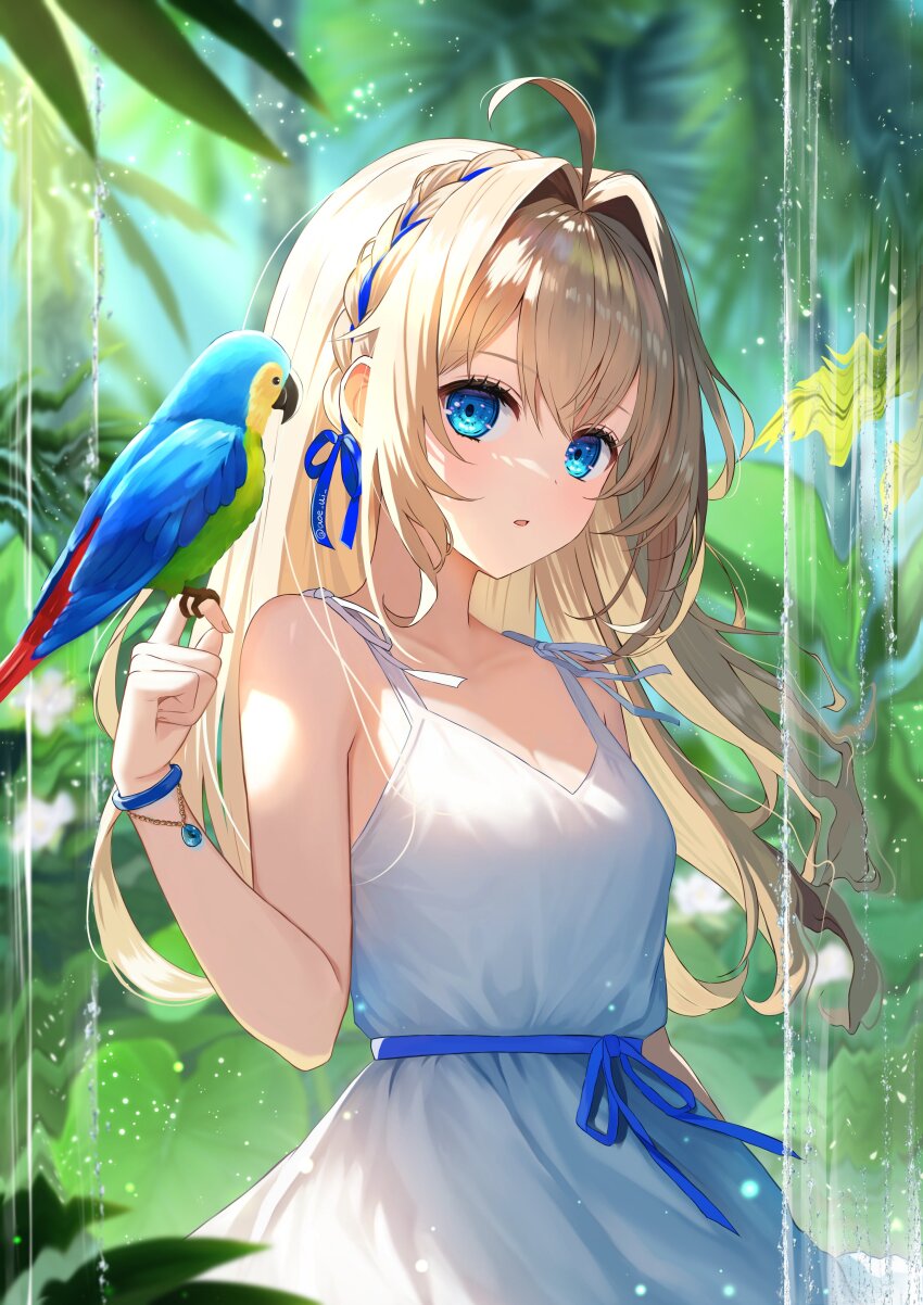 1girl absurdres ahoge animal aoe_ui bird blonde_hair blue_eyes blue_ribbon blue_sash blurry blurry_background blush bracelet braid breasts bush cleavage collarbone commentary_request dress flower hair_intakes hair_ribbon highres holding holding_animal holding_bird jewelry leaf light_particles long_hair looking_at_viewer original palm_tree parrot parted_lips plant ribbon sash sleeveless sleeveless_dress small_breasts solo tree upper_body water waterfall white_dress