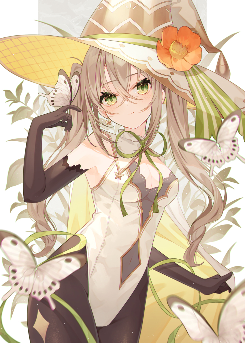 1girl absurdres animal animal_on_hand bare_shoulders breasts brown_gloves brown_pantyhose bug butterfly cape cleavage closed_mouth commentary_request covered_navel elbow_gloves flower gloves green_ribbon hat hat_flower highres insect leotard medium_breasts minasenagi neck_ribbon orange_flower original pantyhose ribbon smile solo twintails white_cape white_hat white_leotard witch witch_hat