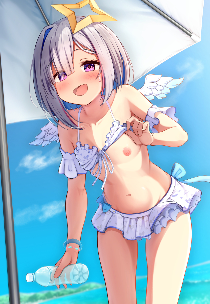 1girl :d absurdres amane_kanata angel_wings arm_at_side arm_garter asymmetrical_bangs asymmetrical_hair bare_shoulders beach beach_umbrella bikini bikini_skirt bikini_top_lift blue_hair blue_sky blue_wings blush bob_cut bottle bracelet clothes_lift colored_inner_hair commentary_request feathered_wings flat_chest frilled_bikini frilled_skirt frills front-tie_bikini_top front-tie_top gradient_wings grey_hair groin hair_over_one_eye halo halterneck highres holding holding_bottle hololive hololive_summer_2022_swimsuit jewelry leaning_forward lifting_own_clothes looking_at_viewer lowleg lowleg_skirt mini_wings multicolored_hair multicolored_wings navel nipples non_non_moral official_alternate_costume open_mouth outdoors paid_reward_available petite pink_hair plastic_bottle print_bikini purple_eyes short_hair single_hair_intake skirt sky smile solo star_halo stomach streaked_hair summer sweatdrop swimsuit textless_version umbrella virtual_youtuber water_bottle white_bikini white_skirt white_wings wings