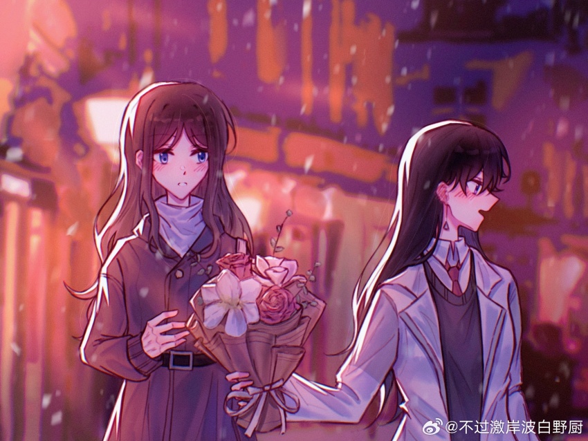 2girls bang_dream! bang_dream!_it&#039;s_mygo!!!!! black_sweater blue_eyes blush bouquet brown_coat brown_hair chinese_commentary coat collared_shirt commentary_request ear_blush flower giving highres holding holding_bouquet long_hair long_sleeves multiple_girls nagasaki_soyo necktie outdoors parted_lips pink_flower pink_rose purple_eyes red_necktie rose shiina_taki shirt snowing sweater turtleneck turtleneck_sweater watermark weibo_watermark white_coat white_flower white_shirt white_sweater yanhuizuimo yuri