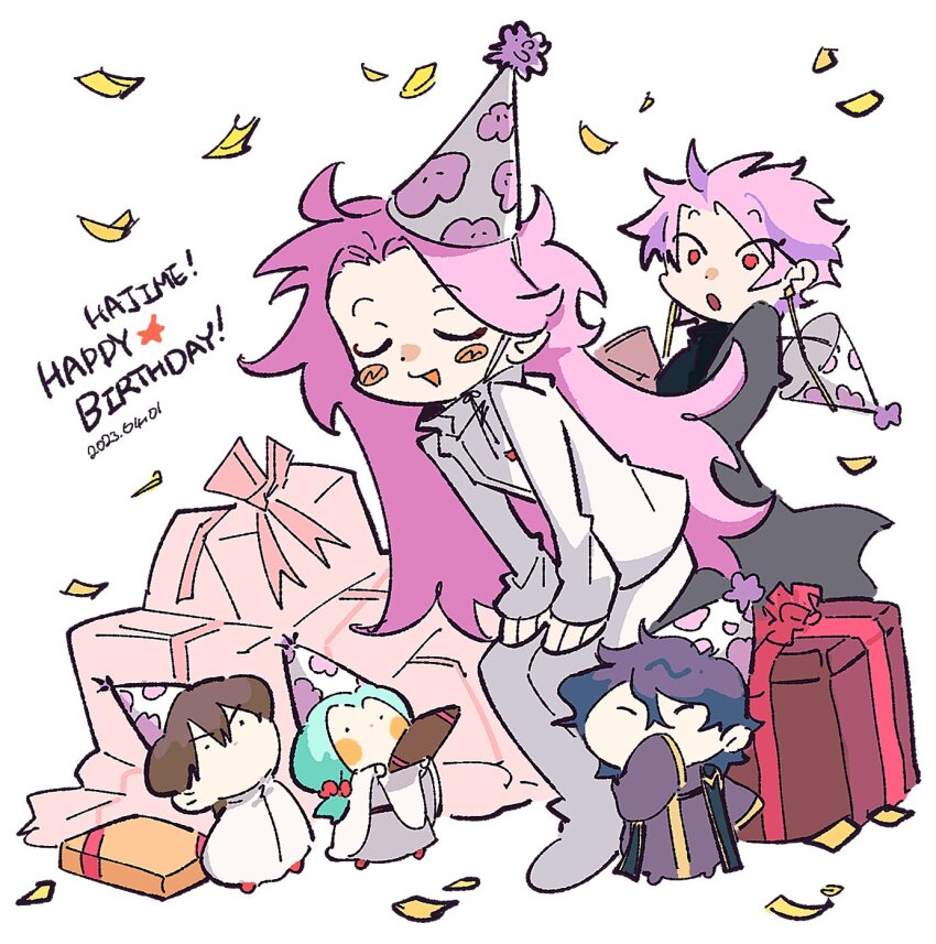 1girl 4boys aqua_hair black_coat blush_stickers brown_hair character_name closed_eyes coat commentary_request confetti curtained_hair earrings english_text enomoto_noa gift gold_trim happy_birthday hat hatsutori_hajime highres jabuchi_you jewelry jigo_toast korean_commentary long_hair long_sleeves male_focus multiple_boys open_mouth pants parted_bangs party_hat pink_hair purple_coat purple_hair red_eyes saibou_shinkyoku shirt short_hair smile stole theodore_riddle u_u utsugi_noriyuki white_pants white_shirt