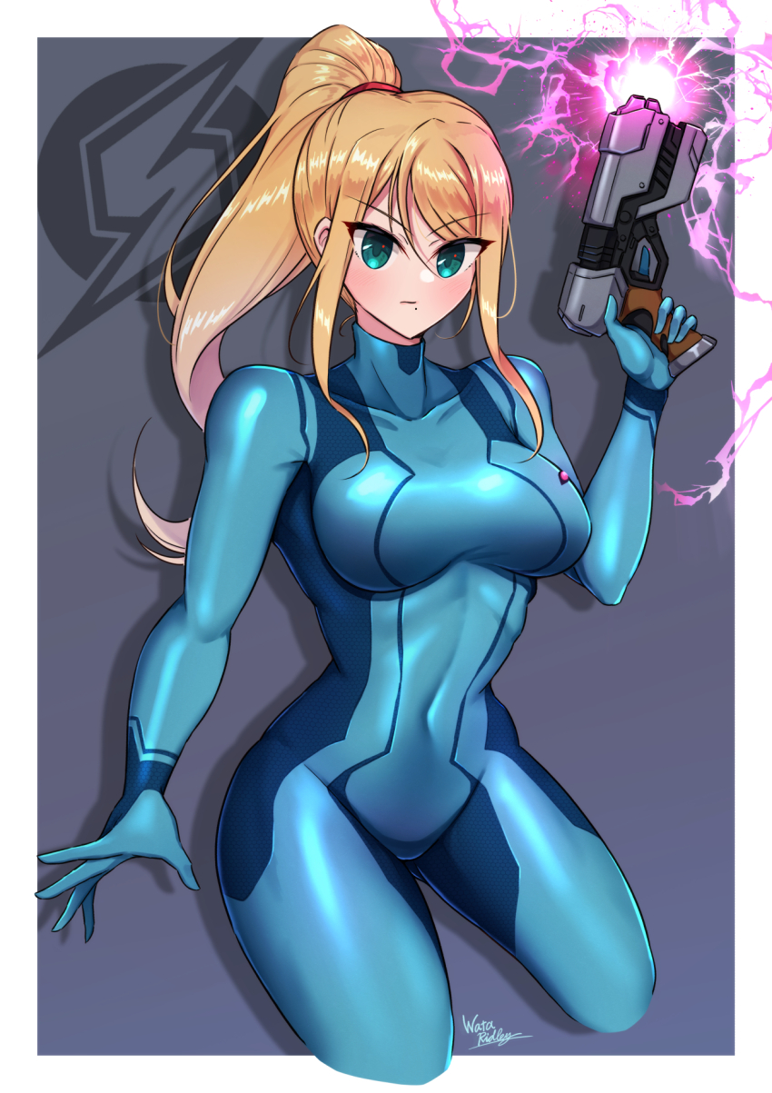 1girl arm_at_side blonde_hair blue_bodysuit blue_eyes bodysuit border breasts clenched_hand collarbone covered_navel electricity energy energy_gun eyelashes female_focus grey_background gun hair_between_eyes hand_up high_ponytail highres holding holding_gun holding_weapon large_breasts legs long_hair looking_at_viewer metroid mole mole_under_mouth neck nintendo paralyzer ponytail print_bodysuit samus_aran serious sidelocks signature skin_tight swept_bangs thighs turtleneck turtleneck_bodysuit v-shaped_eyebrows wakaba_(wata_ridley) weapon zero_suit