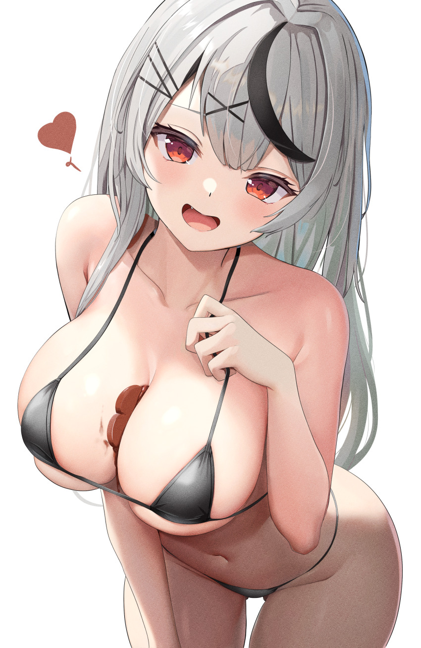 1girl absurdres between_breasts bikini black_hair breasts chocolate chocolate_on_body chocolate_on_breasts cleavage commentary_request fang food_between_breasts food_on_body gluteal_fold grey_hair hair_between_eyes hair_ornament hairclip hand_on_own_chest highres hololive large_breasts leaning_forward long_hair looking_at_viewer micro_bikini multicolored_hair nekonosuke open_mouth paid_reward_available red_eyes sakamata_chloe simple_background smug solo standing streaked_hair string_bikini swimsuit virtual_youtuber white_background x_hair_ornament